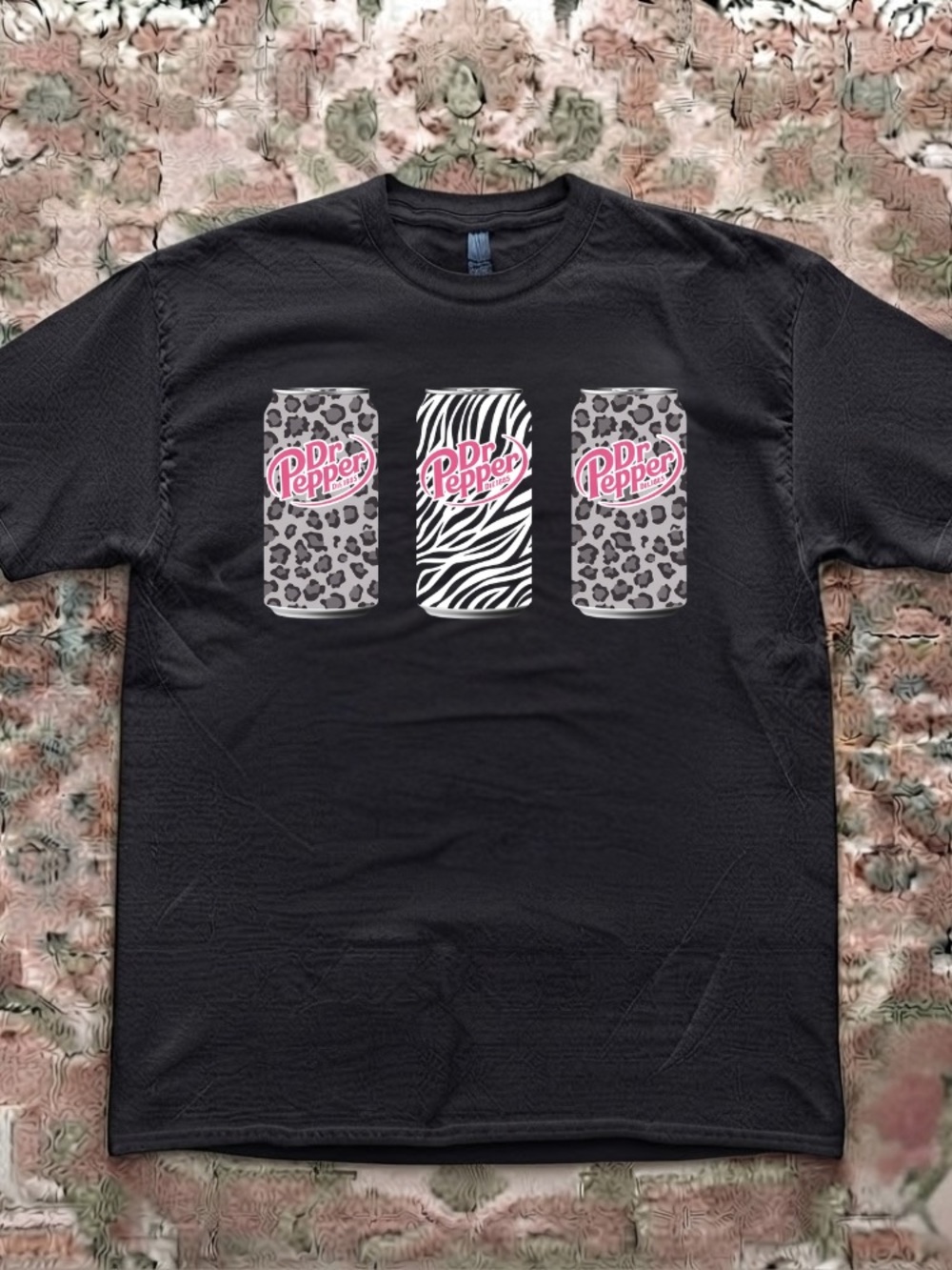 Dr Pepper Soda Cans Cheetah Zebra Print Animal Pattern Vintage Black T-Shirt